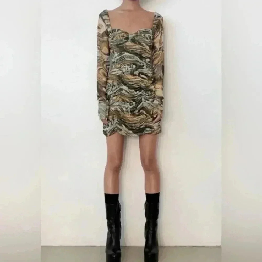 ZARA Mini Dress Mesh Abstract Watercolor Ruched Bodycon Long Sleeve Corset S